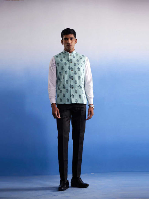Vastramay Men's Mint Green Ethnic Motif Printed Nehru jacket
